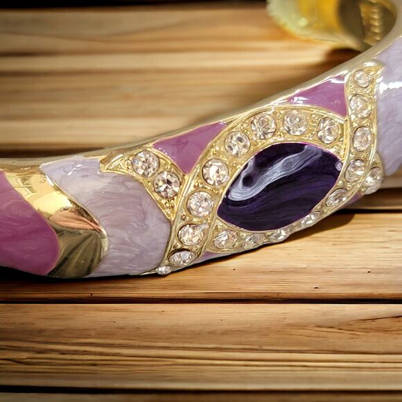 Vintage Bracelet 1980s Gold Tone Hinge with Rhinestones and Purple Enamel - Picture 10 of 10